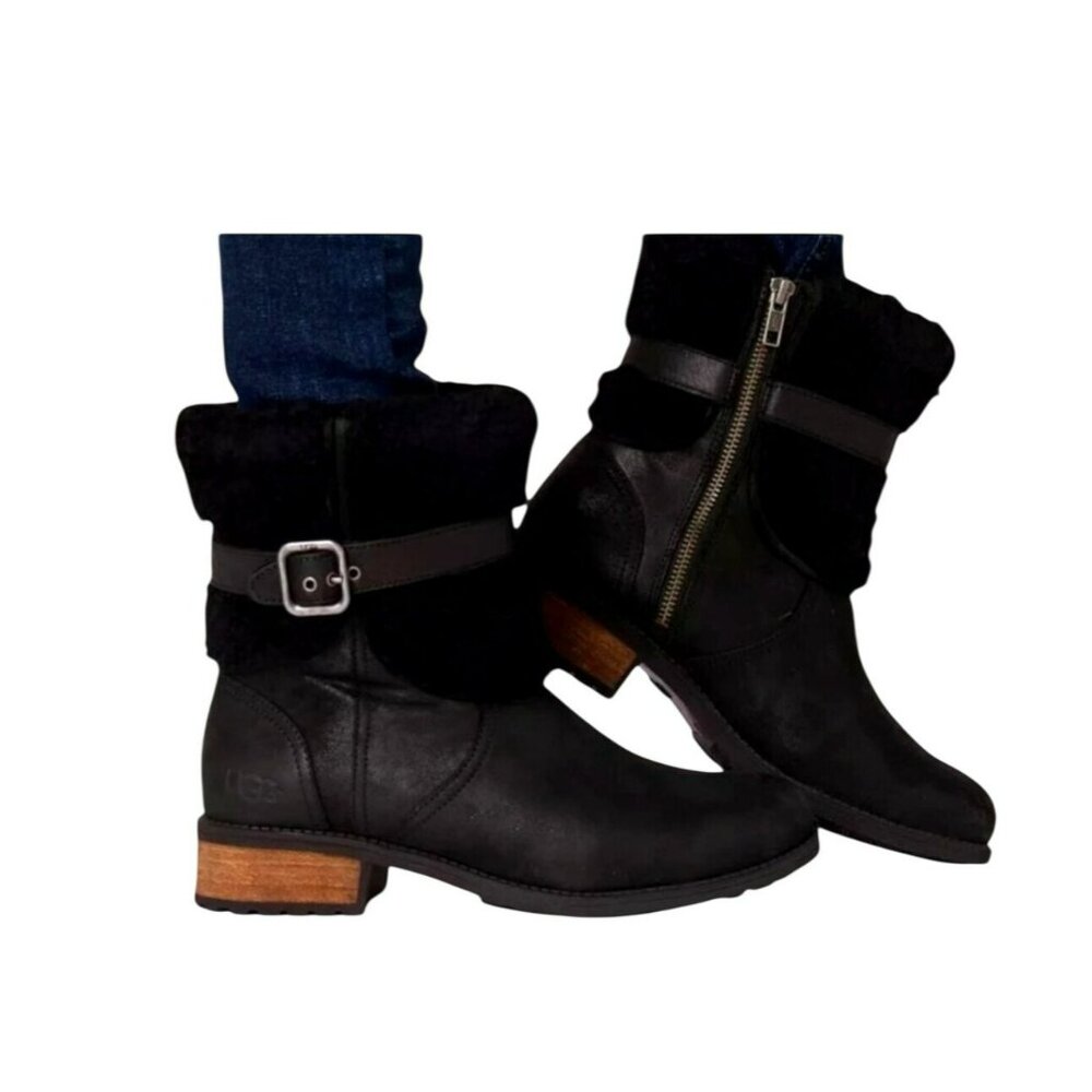 UGG Blayre ll Shearling Cuff Leather Ankle Boots Womens 8.5 Black